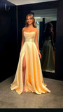 Modest A line Strapless Yellow Slit Satin 20th Birthday Dress Prom Dress 18th Birthday Outfits For Women HZ1214