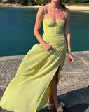 Modest A line Spaghetti Straps Green Prom Dresses Formal Summer Spring Slit Wedding Guest Dresses Wedding Guest Outfit HZ1214