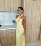Modest A line High Neck Yellow Satin Backless Prom Dresses Formal Summer Spring Wedding Guest Dresses Wedding Guest Outfit HZ1214