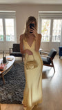 Modest Sheath V Neck Yellow Satin Prom Dresses Formal Summer Spring Wedding Guest Dresses Wedding Guest Outfit HZ1214