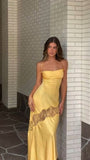 Sexy Sheath Spaghetti Straps Yellow Backless Lace Long Prom Dresses Formal Summer Wedding Guest Dresses Wedding Guest Outfit HZ1214