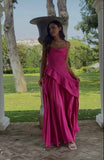 Sexy A line Spaghetti Straps Hot Pink Satin Prom Dresses Formal Summer Wedding Guest Dresses Wedding Guest Outfit HZ1214