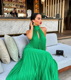 Classy A line High Neck Green Chiffon Long Prom Dresses Formal Summer Wedding Guest Dresses Wedding Guest Outfit HZ1214