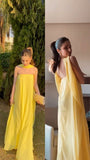 Sexy A line Strapless Yellow Chiffon Long Prom Dresses Formal Summer Wedding Guest Dresses Wedding Guest Outfit With Scarf HZ1214