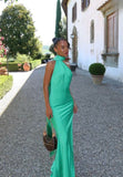 Sexy Sheath One Shoulder Green Long Prom Dresses Formal Summer Wedding Guest Dresses Wedding Guest Outfit With Scarf HZ1214
