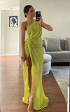 Elegant Sheath One Shoulder Chiffon Long Slit Prom Dresses Formal Summer Wedding Guest Dresses Wedding Guest Outfit HZ1214