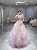 Pretty Ball Gown One Shoulder Lilac Tulle Long Quinceanera Dress Formal Short Sleeves Flowers Vestido De 15 Anos HZ1214