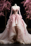 Pretty Ball Gown Sweetheart Pink Flowers Long Sleeves Quinceanera Dresses Sweet 16 Dress Formal Vestido De 15 Anos HZ1214