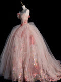 Unique Ball Gown Strapless Pink Flowers Long Quinceanera Dresses Sweet 16 Dress Formal Vestido De 15 Anos HZ1214