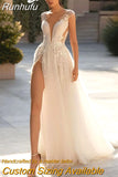 YunShang Sexy Deep V-Neck Wedding Dress Cap Sleeve High Side Split Beach Backless Bride Gown Button Train Vestido De Novia