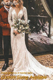 Long Sleeves Floral Lace V Neck Boho Wedding Dress Deep V Neck Open Back Modest Rustic Civil Bridal Gown