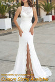 Lace Applique Halter Mermaid Wedding Dresses 2023 For Women Custom Sexy Front Slit Backless Puff Sleeve Bridal Dress