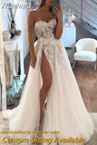 Wedding Dresses Women's Sweetheart A-line Lace Decal Tulle Side High Split Princess Bridal Gowns Sleeveless Robe Vestid