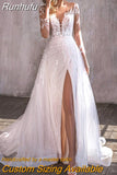 NICEB Luxury Appliques Wedding Dress Boho Mermaid Detachable Train Side Split Three Quarter Sleeves Bride Gown Illusion
