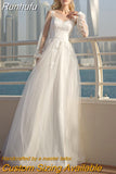 Tulle Wedding Dresses 2023 A-Line Sheer O-Neck Lantern Long Sleeve Appliques Beach Bridal Gown Lace-Up Floor Length