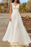 Wedding Dress A Line Vestido De Novia 2023 Lace Appliques Button Back Bride Gown Boho Tulle Robe Mariage Boda Trouwjurk