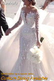 Detachable 2 In 1 Mermaid Wedding Dress Heavy Industry Embroidery Lace Bead 0-neck Full Sleeve Gown Robe De Mariee 925