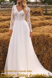 Chiffon V Neck Long Sleeve Bridal Dress Sweep Train Lace Open Back Bohemian Boho Beach Wedding Dress Wedding Gown