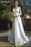 V-Neck Long Sleeves Lace Appliques Wedding Dress 2023 Boho White Satin Sweep Train Backless Bridal Gown With Bow Belt