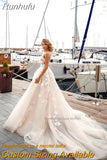 Applique 3D Flowers Backless Wedding Dresses Off the Shoulder V-neck Straps Court Train Tulle Bridal Gowns