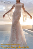 Long Flare Sleeve Lace Mermaid Wedding Dress 2023 Sheer O-Neck Gorgeous Bridal Gown With Button Back Train Custom Made