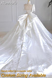 New Luxury Satin Wedding Dress Boat Neck With Pearl Lace Up Bridal Short Sleeve Glittery Flower Vestido De Noiva Ball Gown