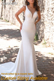 Mermaid Wedding Dresses Sheer V-Neck Sleeveless Crystal Sweep Train Elegant Satin Bridal Gown With Button Back 2023