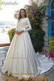 Muslim Long Sleeves Wedding Dresses Appliques Scoop Neck Buttons Back Court Train Formal Brides Gowns