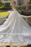 V-Neck Lace Appliques Wedding Dress For Bride Detachable Royal Train Button Decoration Illusion Back Vestido De Novia