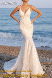 Simple Sleeveless Beach Wedding Dress For Bride 2023 Spaghetti Straps V-Neck Bridal Gown Floral Lace Appliques Backless
