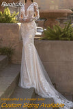 Luxury Lace Appliques Sequins Mermaid Wedding Dress V-Neck Long Sleeve Backles Sweep Train Bride Gown Vestidos De Noiva