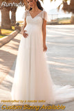 Wedding Dresses for Pregnant Womens V-neck Short Sleeves Simple Tulle A Line Sequin Pregnancy Brides Dress Cheap 2023