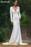 Long Sleeves V-Neck Mermaid Wedding Dress Elegant White Lace Appliques Backless With Illusion Bridal Gown For Women 2023