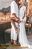Bohemian Wedding Dresses Lace V-Neck Elegant Wedding Gown Boho Beach Bridal Dress Long Sleeves Open Back Vestido Novia 925