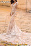 Lace Long Sleeve Mermaid Wedding Dresses 2023 Tulle Bridal Gown For Women Cathedral Train V-Neck Appliques Button Back