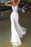 Mermaid Wedding Dresses V Neck Spaghetti Straps Button Appliqued Beading Elegant Long Backless Illusion 2023 Bridal Gowns
