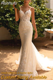 Classic Spaghetti Straps Sleeveless Mermaid Wedding Dress For Bride 2023 Lace Appliques V-Neck Backless Sexy Bridal Gown